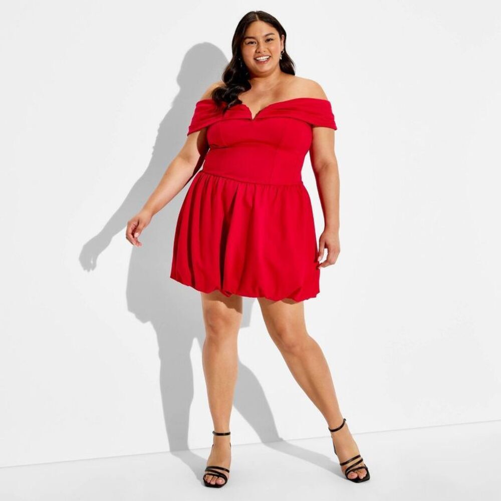Women's Short Sleeve Plunge Bubble Mini A-Line Dress - Wild Fable Red 4X